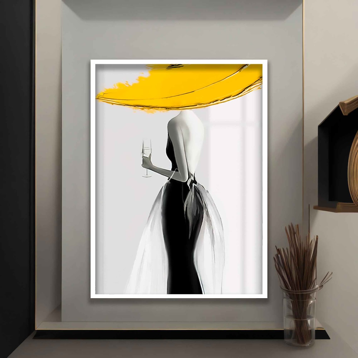 Elegant Woman Yellow Hat Champagne Black Dress Fashion Silhouette Wall Art Print