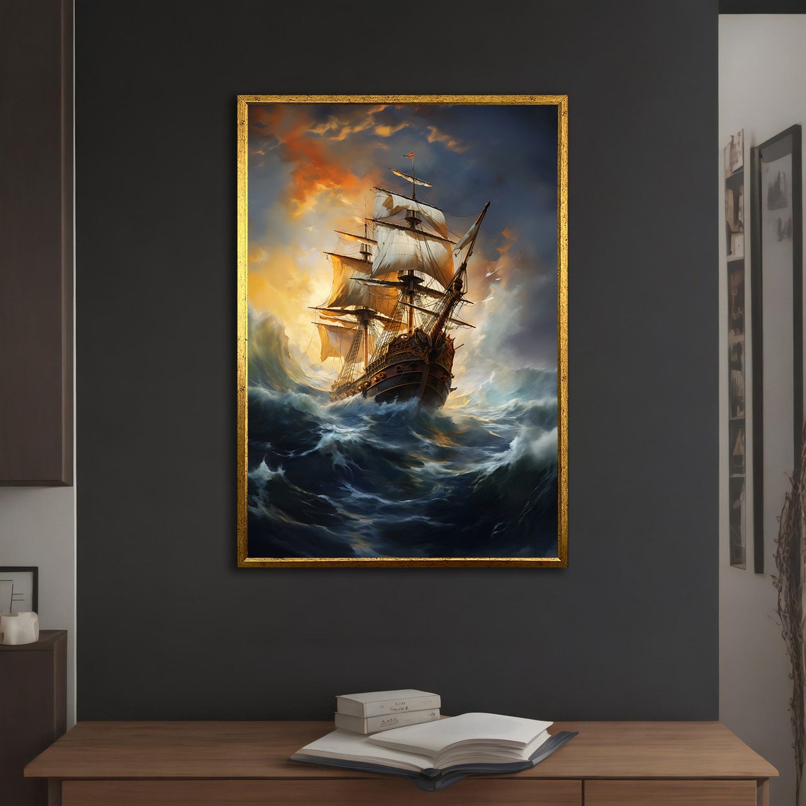 Tall Ship Stormy Golden Clouds Rolling Waves Dramatic Ocean Poster - Image 3