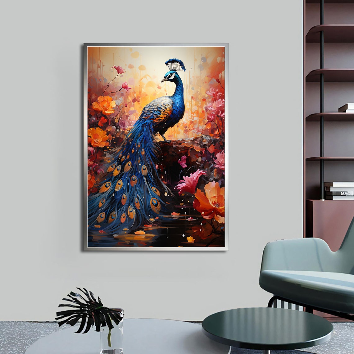 Blue Peacock Among Vibrant Flowers Full Tail Garden Art Poster - Image 3