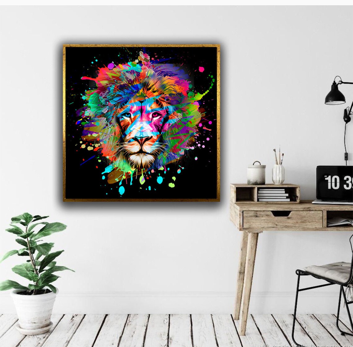 Colorful Lion Head Paint Splatter Bold Neon King Jungle Vibrant Wall Art Poster - Image 5