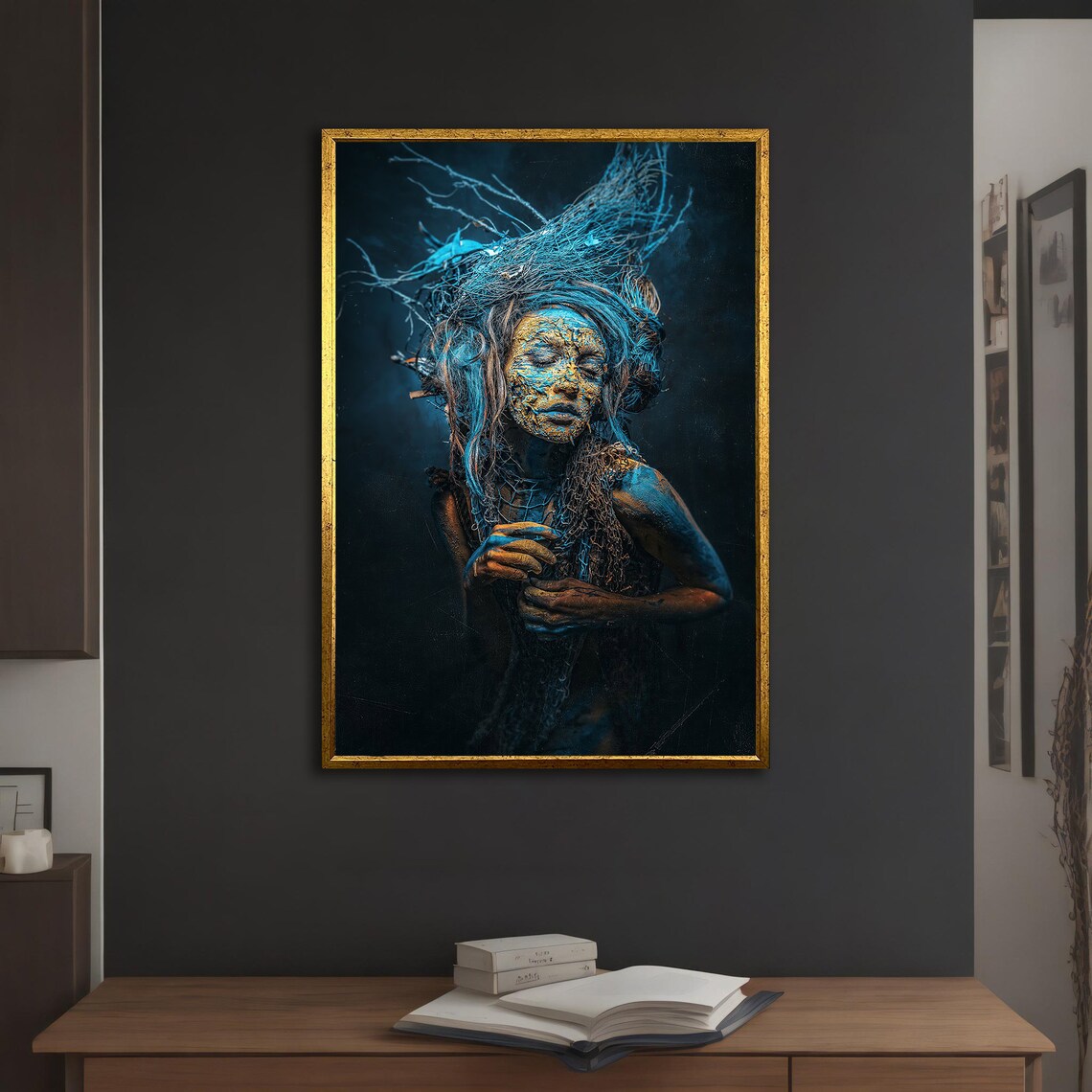 Surreal Blue Woman Wild Hair Golden Face Dreamlike Ethereal Wall Art Poster - Image 5