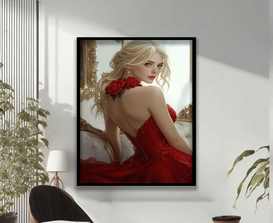Elegant Blonde Woman Red Roses Gown Mirror Glamour Portrait Art Poster - Image 5