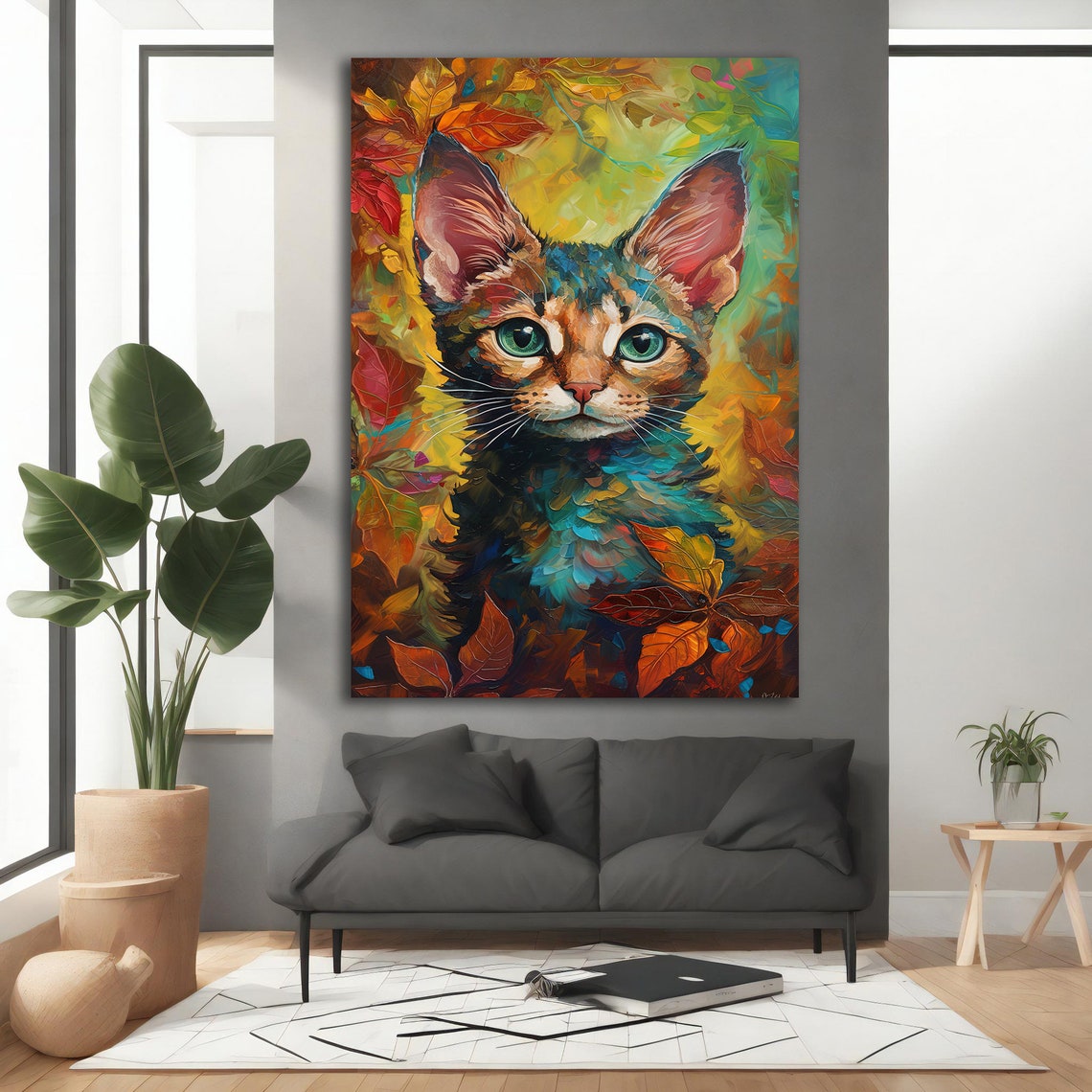 Colorful Cat Portrait Green Eyes Autumn Leaves Impressionist Poster - Image 5
