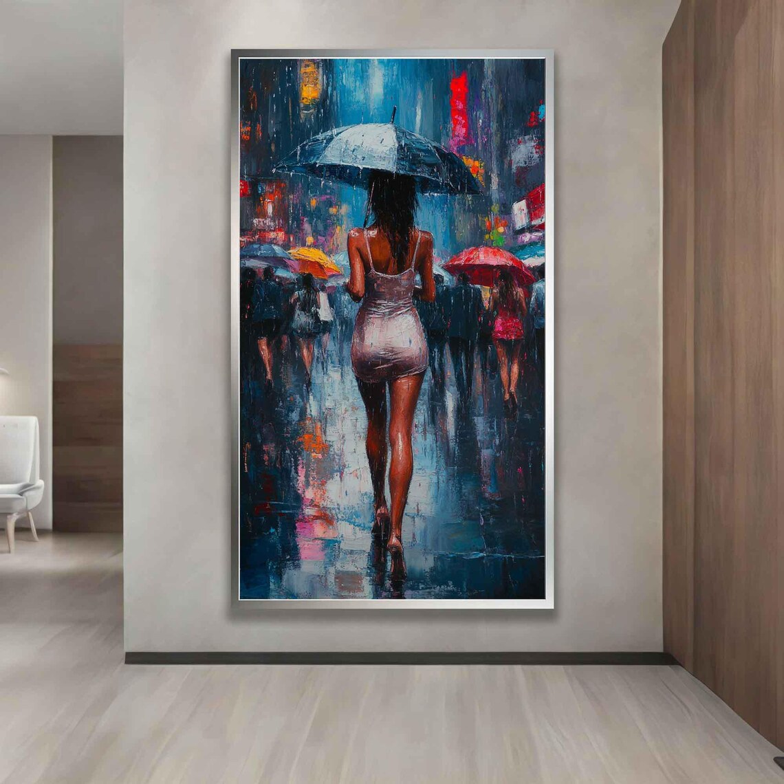 Woman With Umbrella In Rainy City Night Neon Lights Art Poster - Image 3