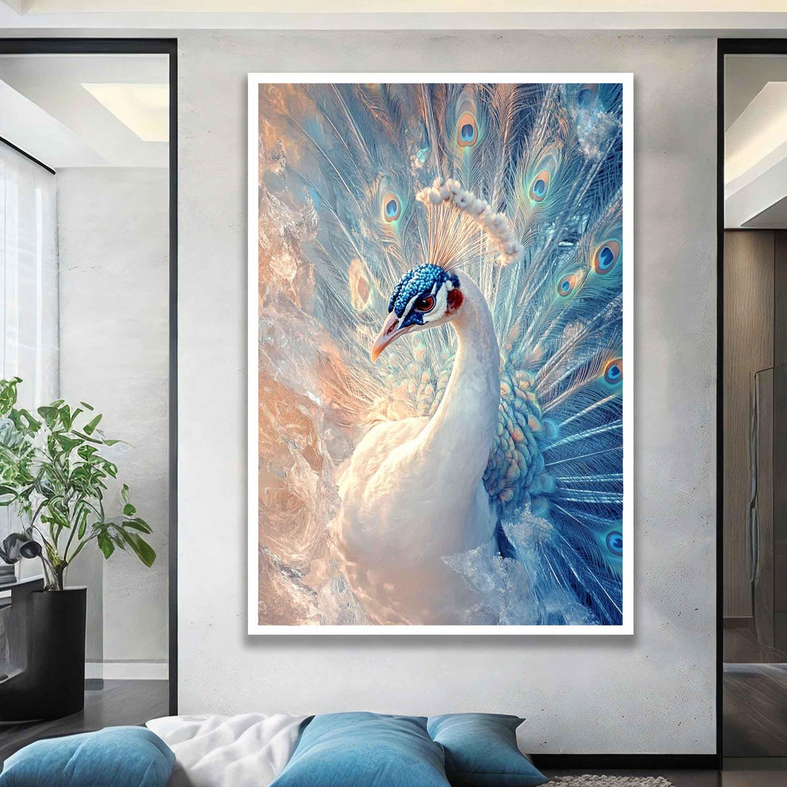 White Peacock Full Plumage Painting Blue Gold Elegant Bird Wall Poster - Image 4