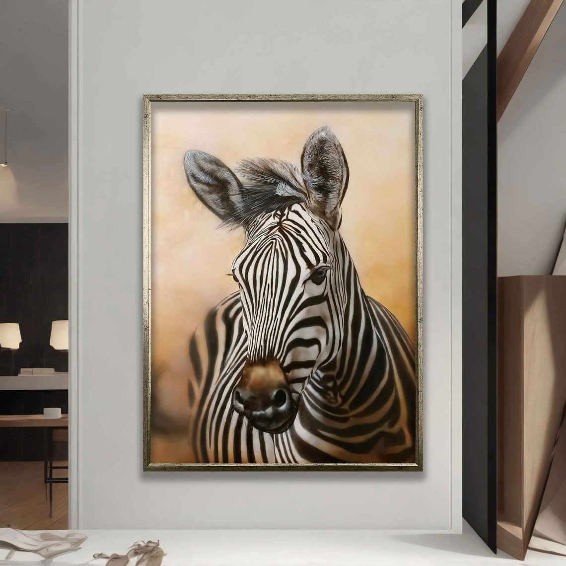 Zebra Portrait Striking Black White Stripes Warm Neutral Art Poster - Image 5