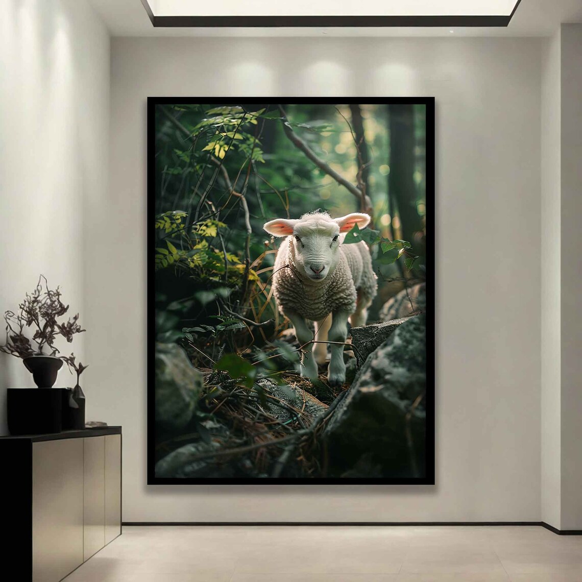 Lamb Of God Sunlit Forest Rocky Path Christian Faith Wall Art Print - Image 3