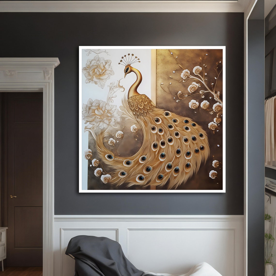 Golden Peacock With Fanned Tail Elegant Floral Bronze Wall Art Print - Image 3