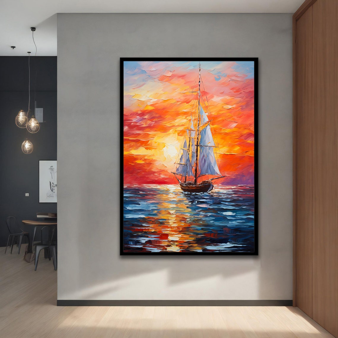 White Sailboat Blazing Orange Sunset Sky Ocean Waves Oil Art Poster - Image 5