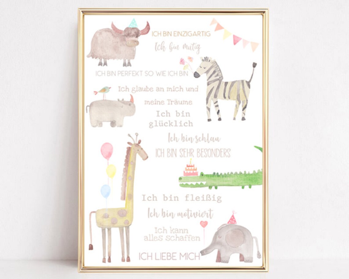 German Kids Affirmations Safari Animals Watercolor Nursery Poster