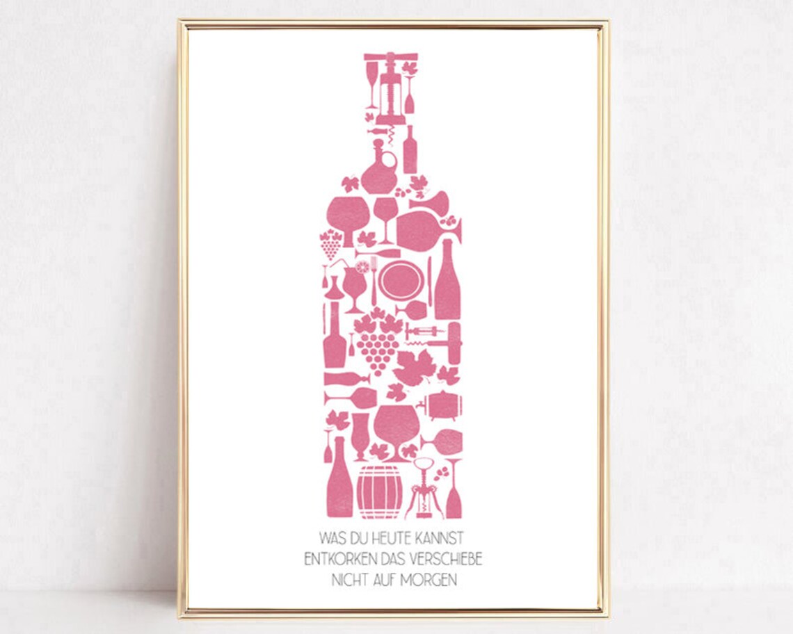 Pink Wine Bottle Funny German Uncork Quote Wall Decor Poster