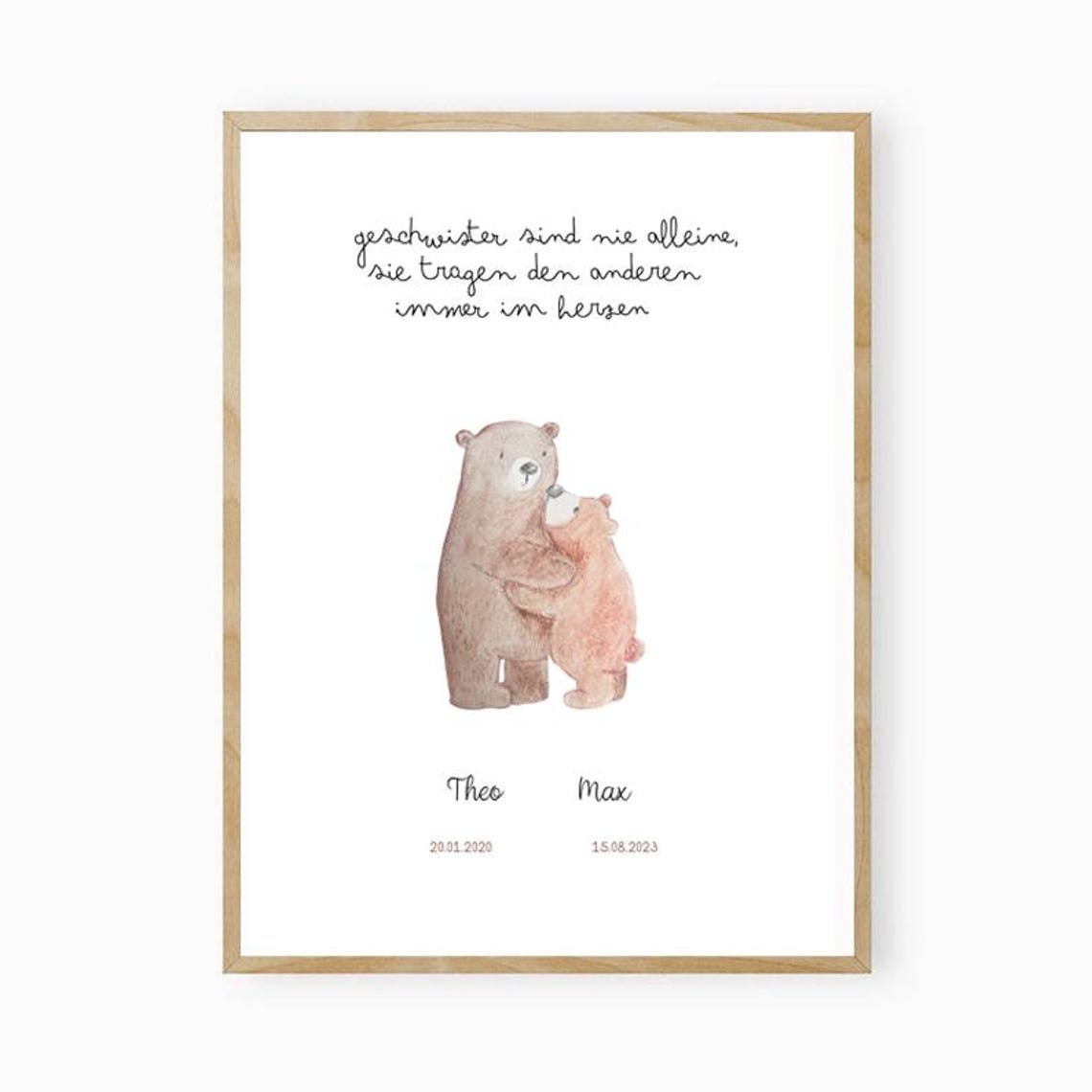 Two Bears Hugging Sibling Quote Personalized Names Dates Art Poster