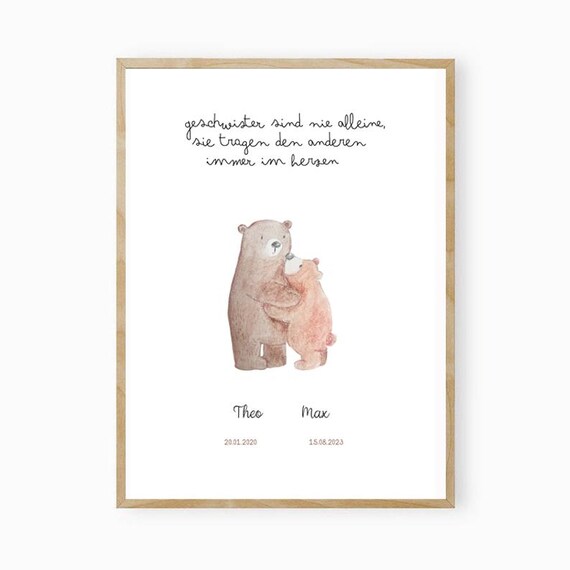 Two Bears Hugging Sibling Quote Personalized Names Dates Art Poster