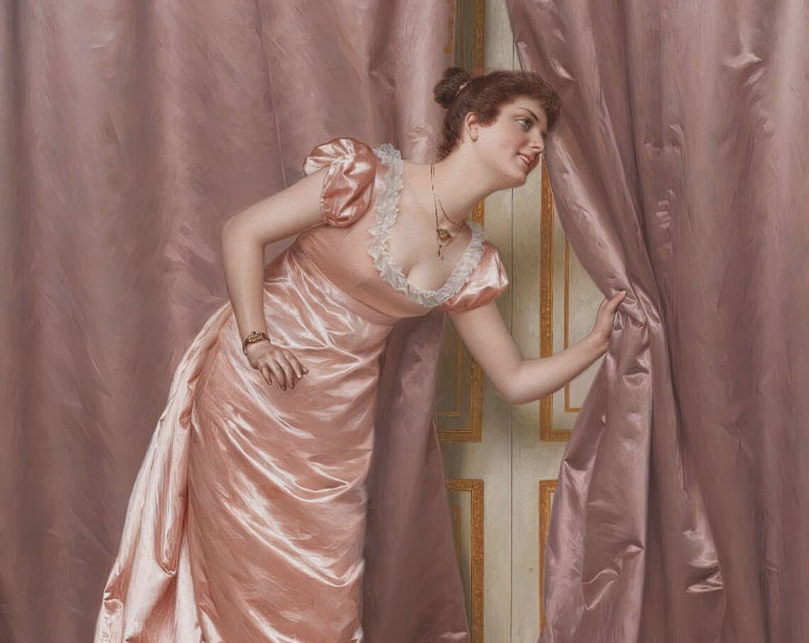 Regency Woman Pink Satin Gown Peeking Through Curtains Wall Art - Image 5
