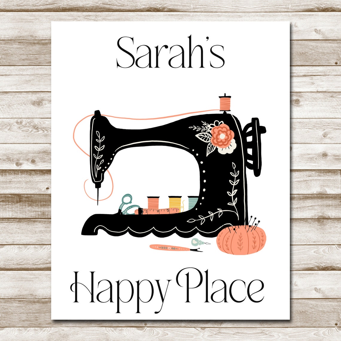 Personalized Happy Place Name Black Floral Sewing Machine Sign Poster - Image 4