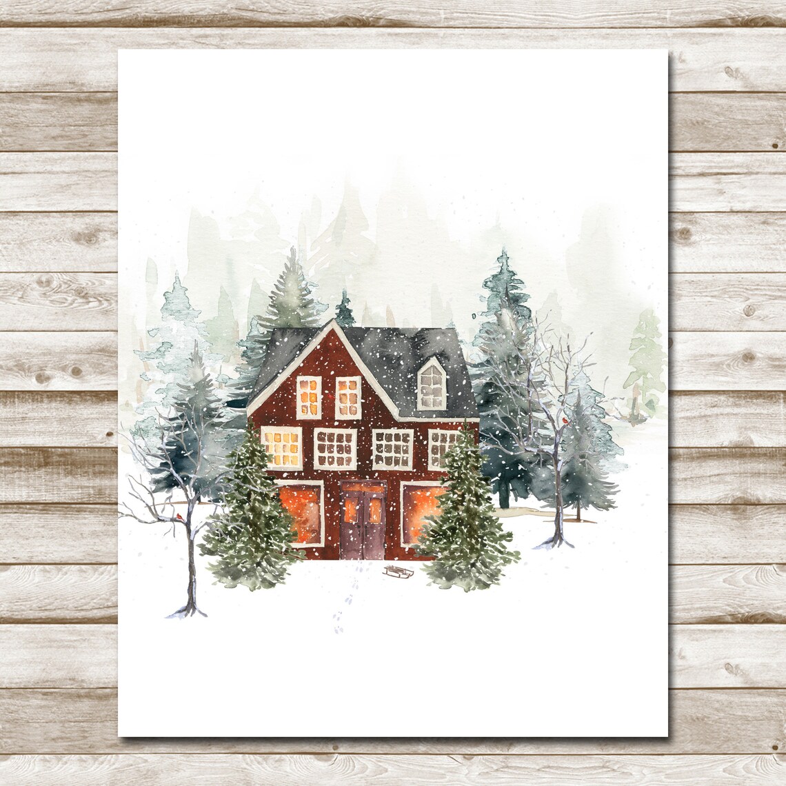 Red Winter House Glowing Windows Watercolor Snowy Christmas Scene Poster - Image 10