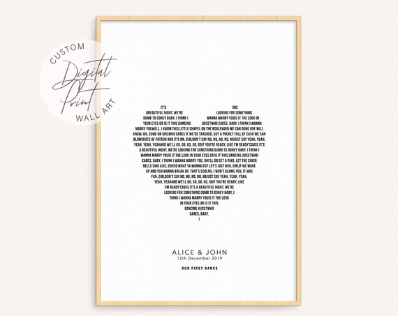 Custom Heart Shaped Song Lyrics Poster Personalized First Dance Wedding Date