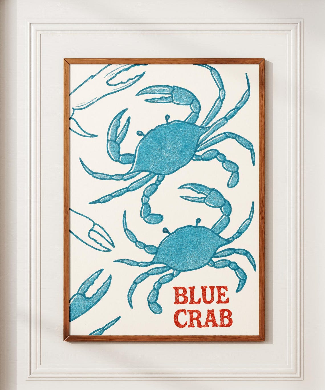 Blue Crab Illustration Red Lettering Retro Coastal Kitchen Wall Art