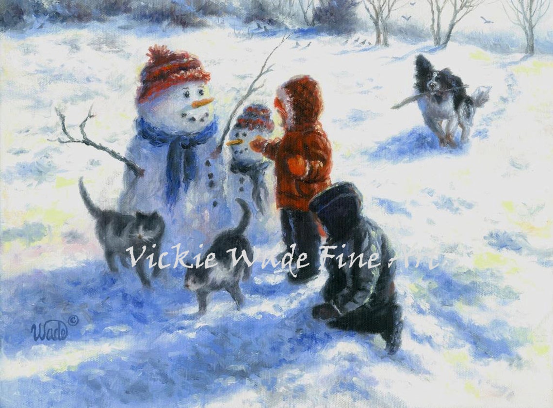 Snowman And Kids Art Print Winter Snow Painting Snowman Paintings Boy And Girl Snowmen Images Cats Dog Border Collie Vickie Wade Art