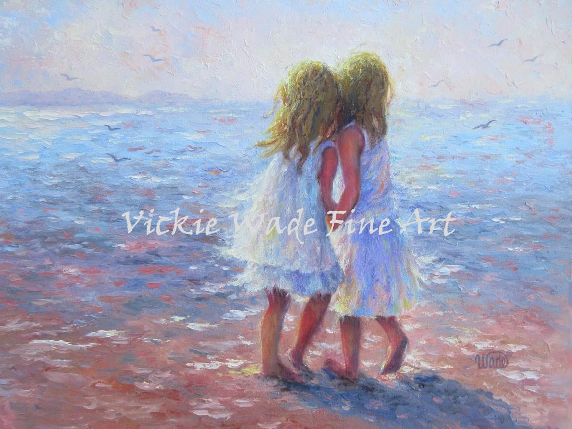 Two Sisters Whispering Together at the Sunset Beach Shore Poster