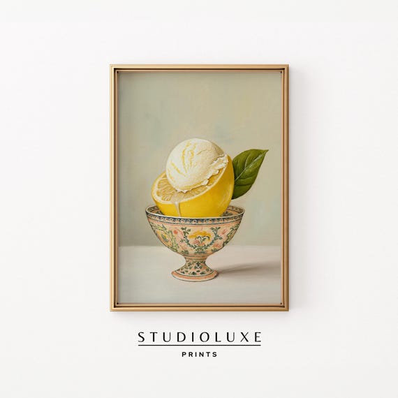 Lemon Sorbet Still Life Print Italian Kitchen Wall Art Vintage Citrus Dessert Painting Mediterranean Fruit Decor Summer