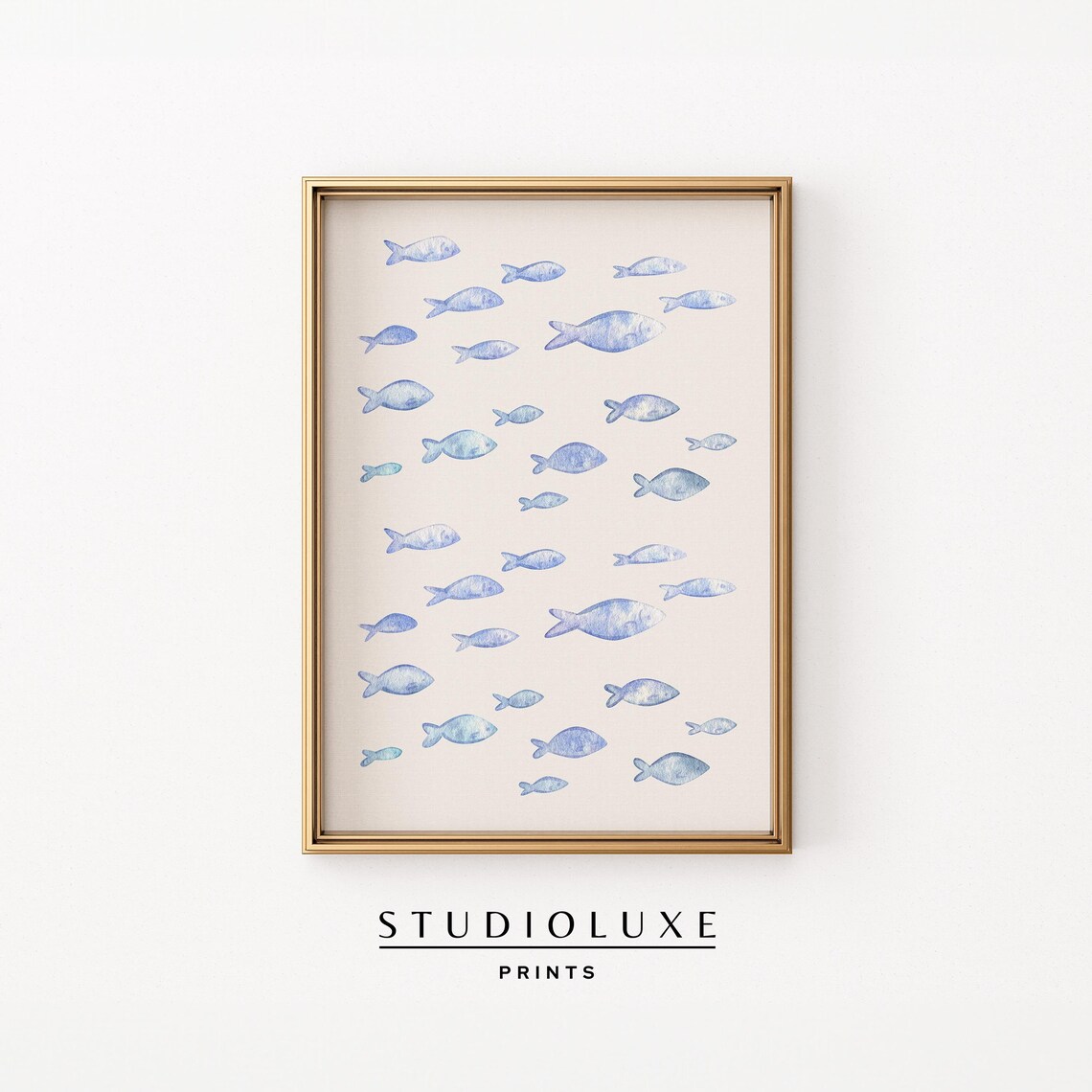 Blue Fish School Swimming Watercolor Minimalist Coastal Ocean Poster