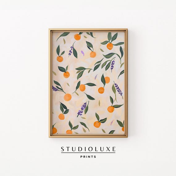 Orange Fruit Pattern Wall Art Citrus Kitchen Decor Mediterranean Botanical Summer Print Trendy For