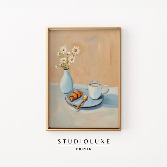 Coffee And Croissant Kitchen Wall Art Daisy Floral Still Life Print Neutral Cafe Decor Cozy French Breakfast