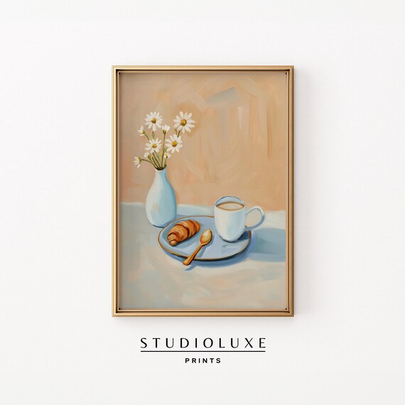 Coffee Cup With Croissant And Daisies Warm Still Life Painting Print