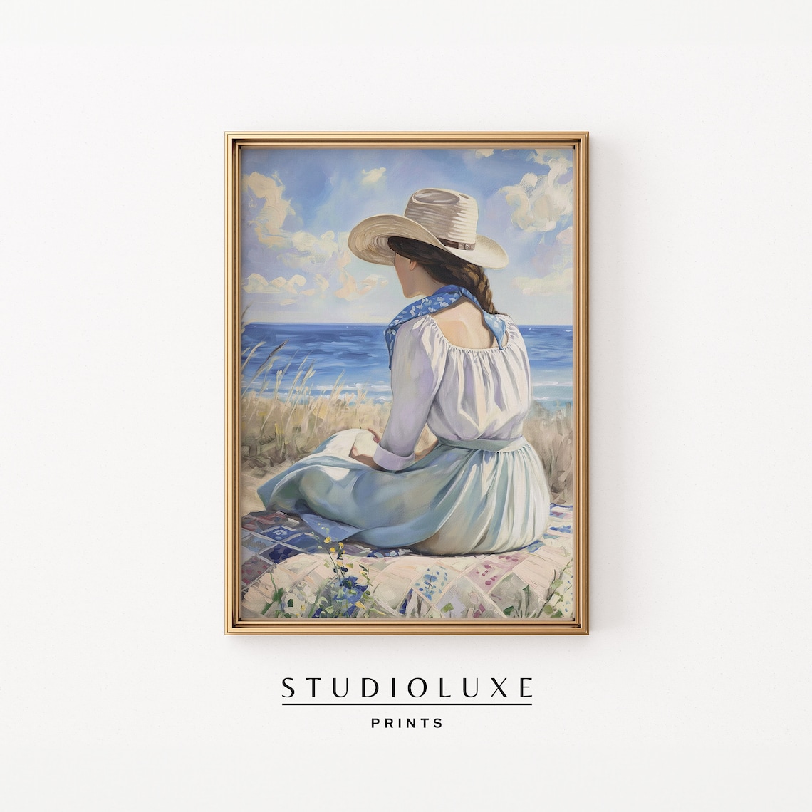 Woman in Straw Hat Gazing at the Sea Coastal Dune Grass Painting Poster