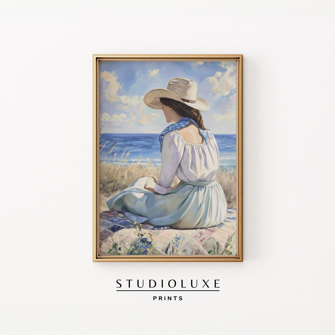 Woman In White Dress And Straw Hat Seated By The Ocean Poster