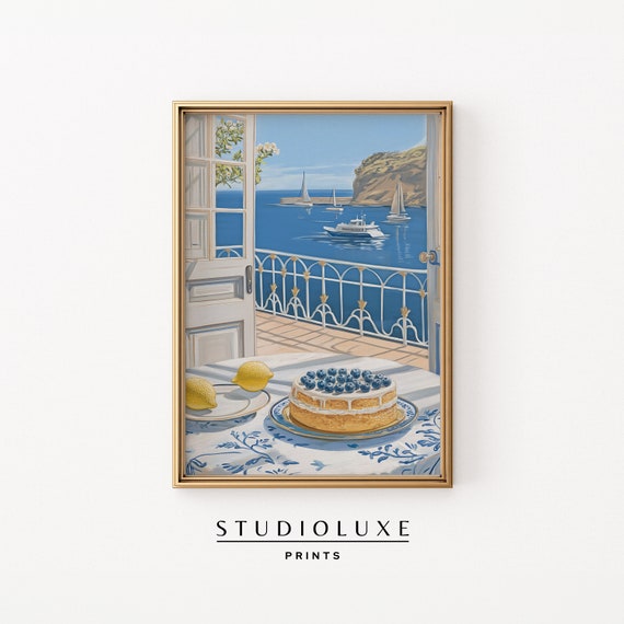 Lemon Blueberry Cake Coastal Granddaugther Prints Blue Wall Art Trending Apartment Decor Vintage Fruit Painting Kitchen
