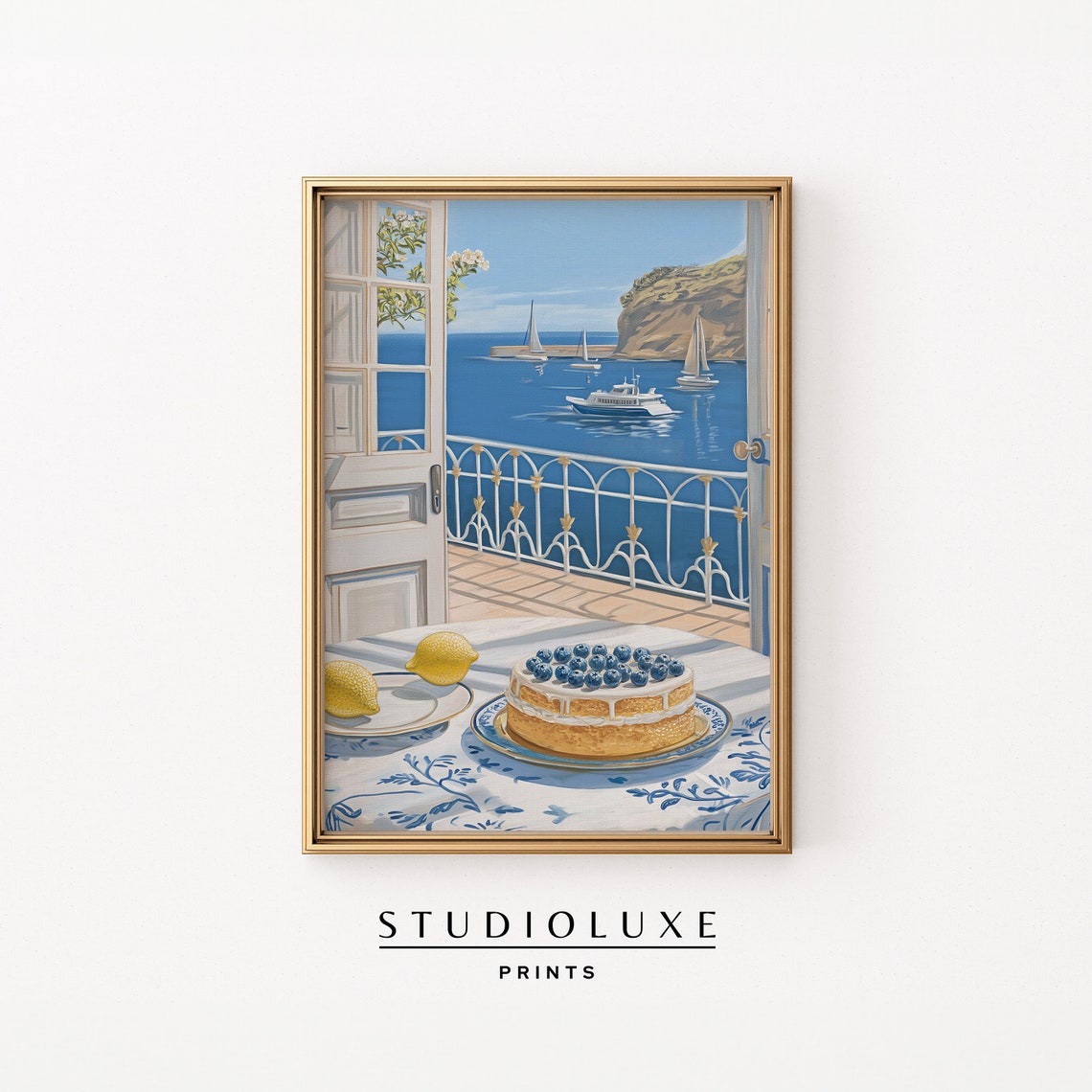 Balcony Breakfast with Blueberry Cake Overlooking Coastal View Poster