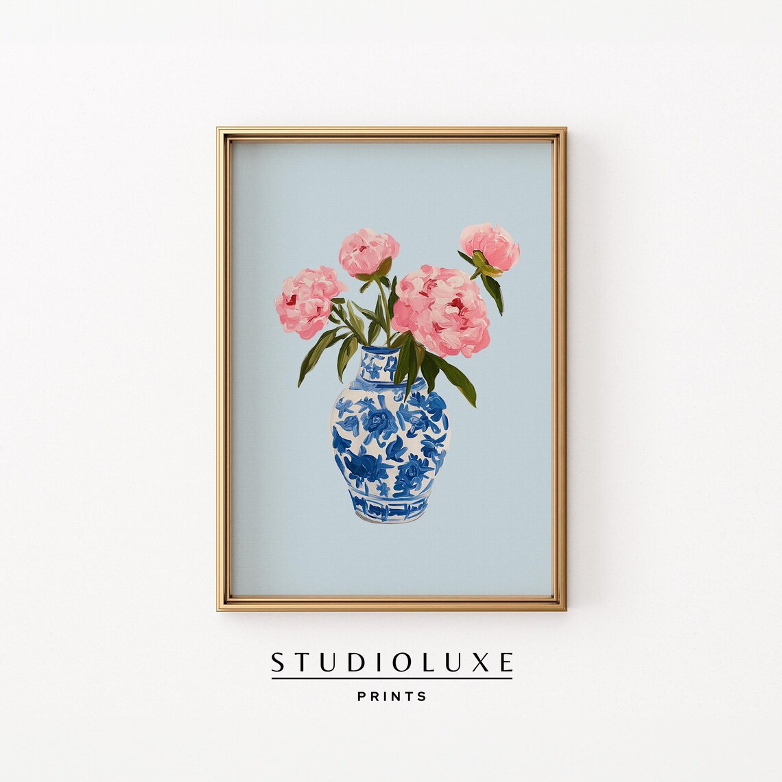 Peony in Blue Chinoiserie Vase, Coastal Art Print