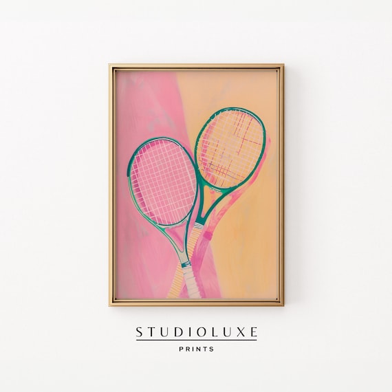 Tennis Rackets Pair Green Frames Pink Court Sports Painting Poster