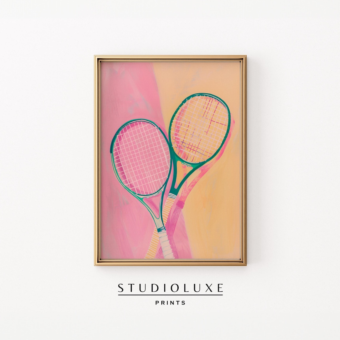 Tennis Rackets Pair Green Frames Pink Court Sports Painting Poster