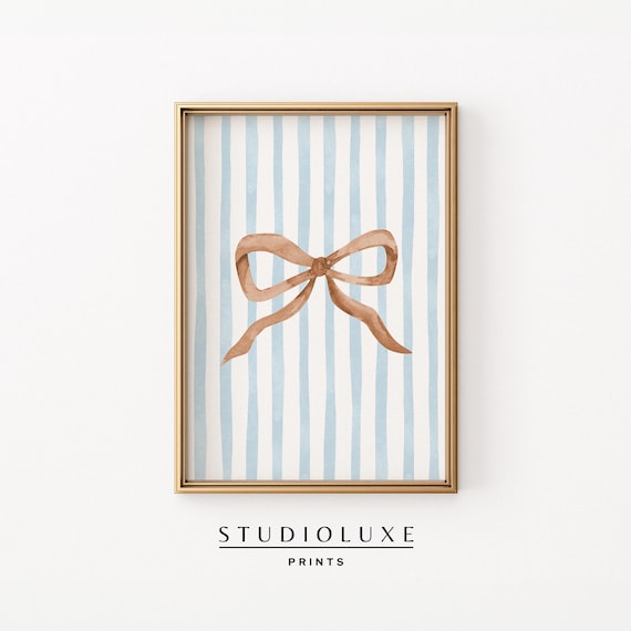 Beige Watercolor Ribbon Bow Blue Stripes Preppy Room Wall Art