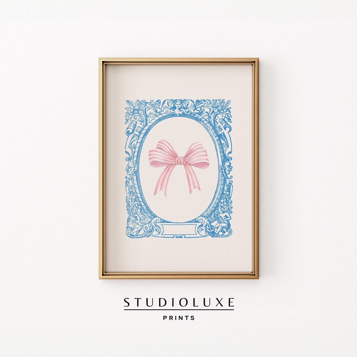 Pink Watercolor Bow in an Ornate Blue Baroque Frame Coquette Art Print