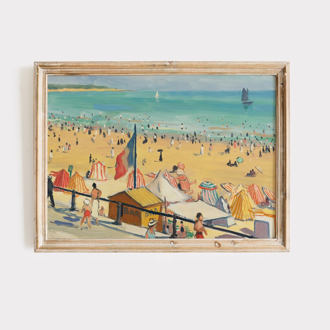 Vintage French Beach Umbrellas Bathing Scene Coastal Day Poster