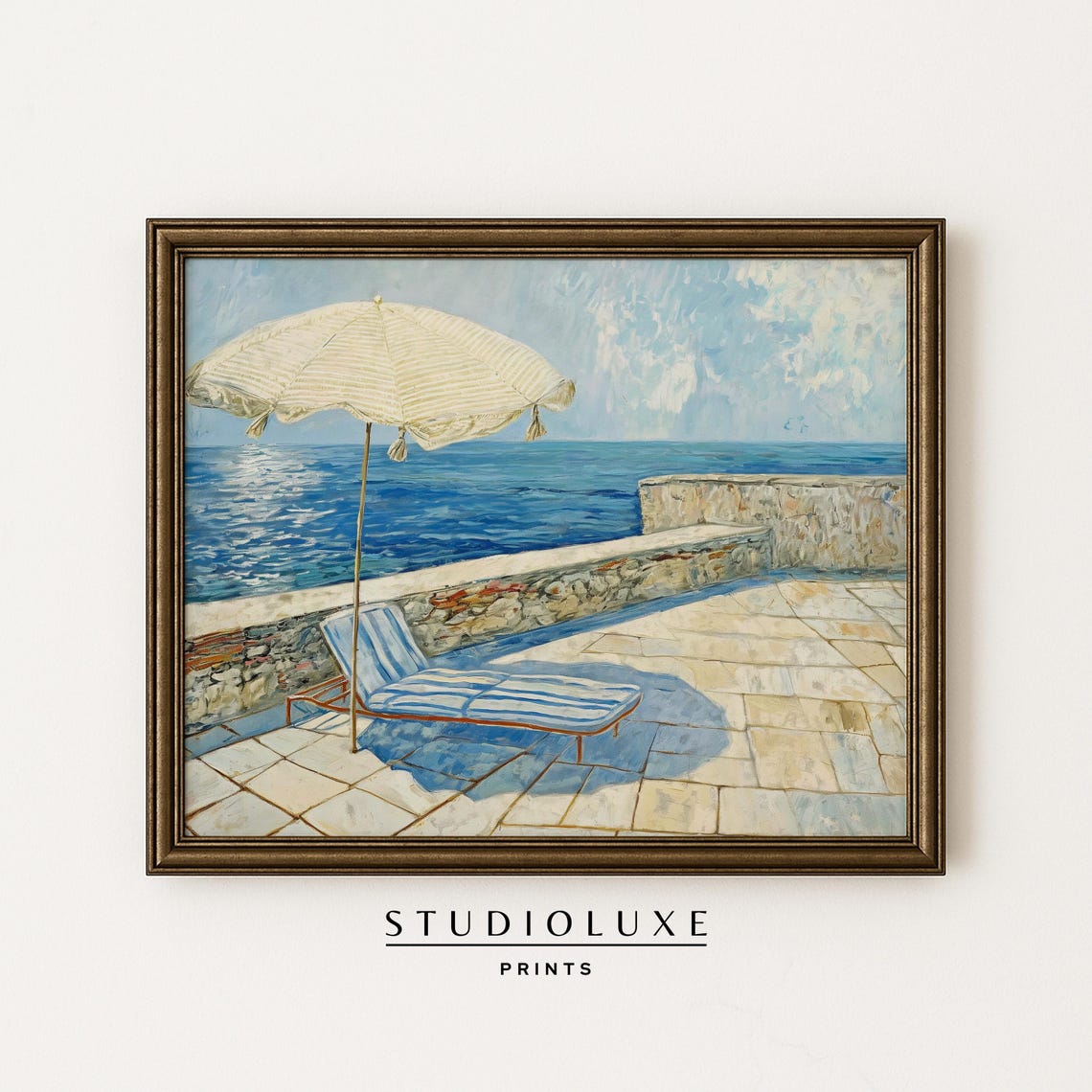 Mediterranean Seaside Terrace Poster White Parasol Ocean View Lounger