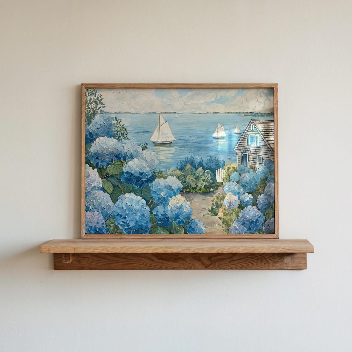 Nantucket Harbor Sailboat Painting with Blue Hydrangeas Cottage Poster