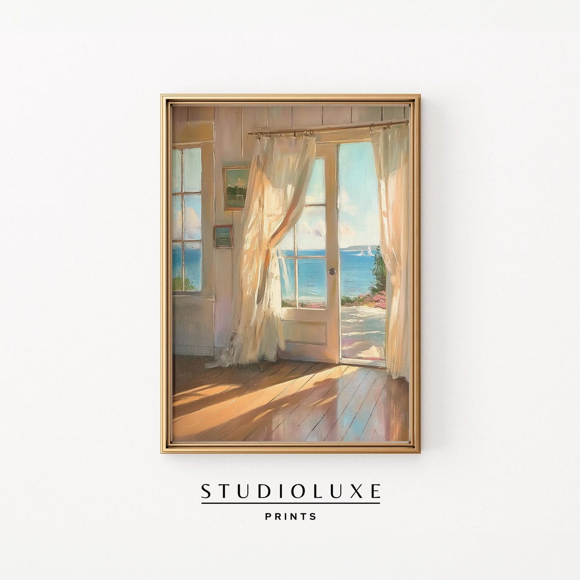 Sunlit Coastal Cottage Interior With Sheer Curtains Sea View Poster