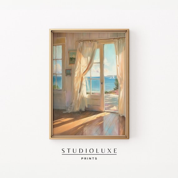 Sunlit Coastal Cottage Interior With Sheer Curtains Sea View Poster