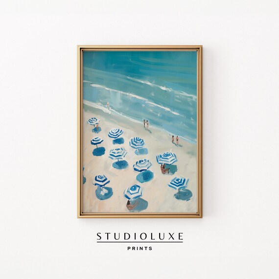 Aerial Beach Painting with Blue Striped Umbrellas and Turquoise Sea Poster