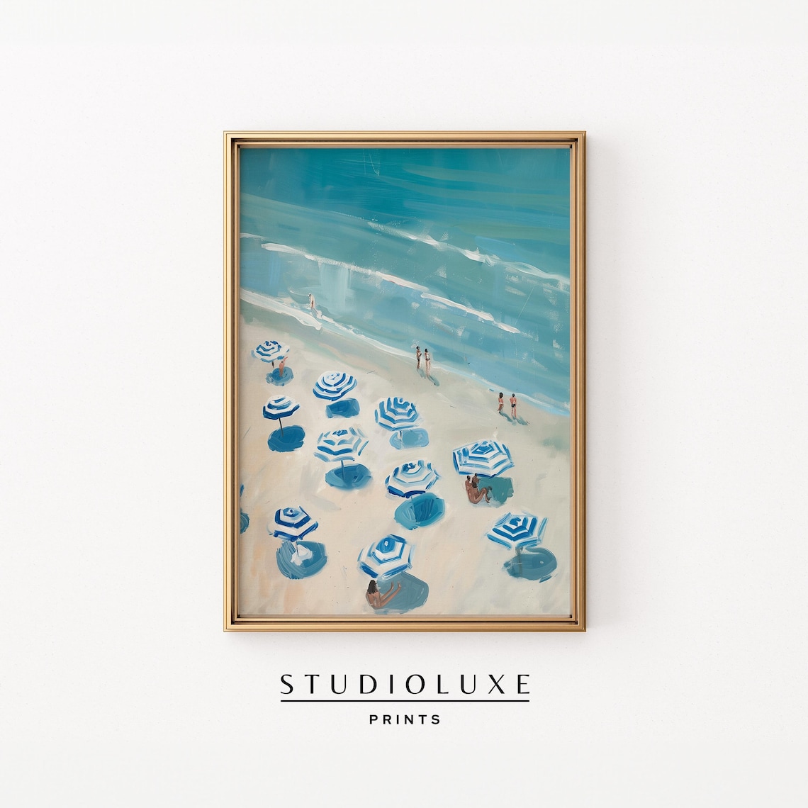 Aerial Beach Painting with Blue Striped Umbrellas and Turquoise Sea Poster