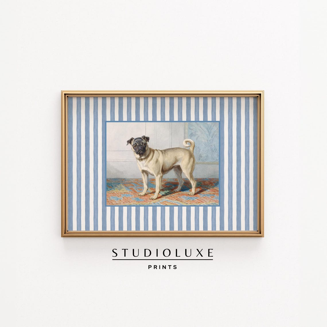 Vintage Pug Dog Portrait on Blue Stripes Pet Portrait Art Poster