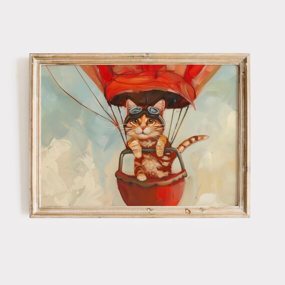 Aviator Kitten In Red Hot Air Balloon Whimsical Animal Art Poster
