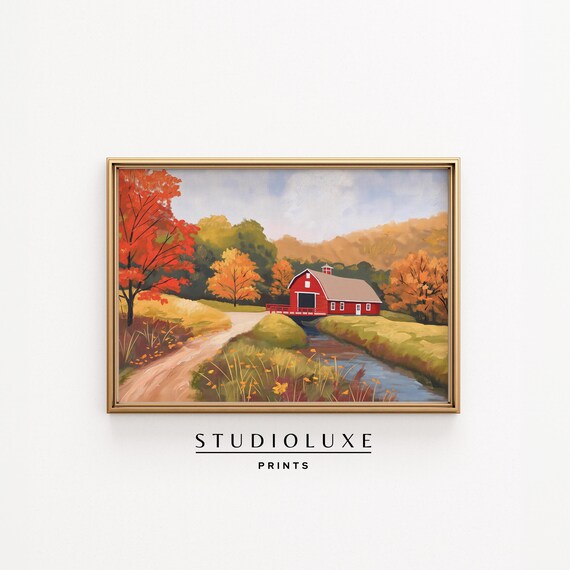 Rustic Red Barn by Autumn Stream Fall Farm Country Road Poster