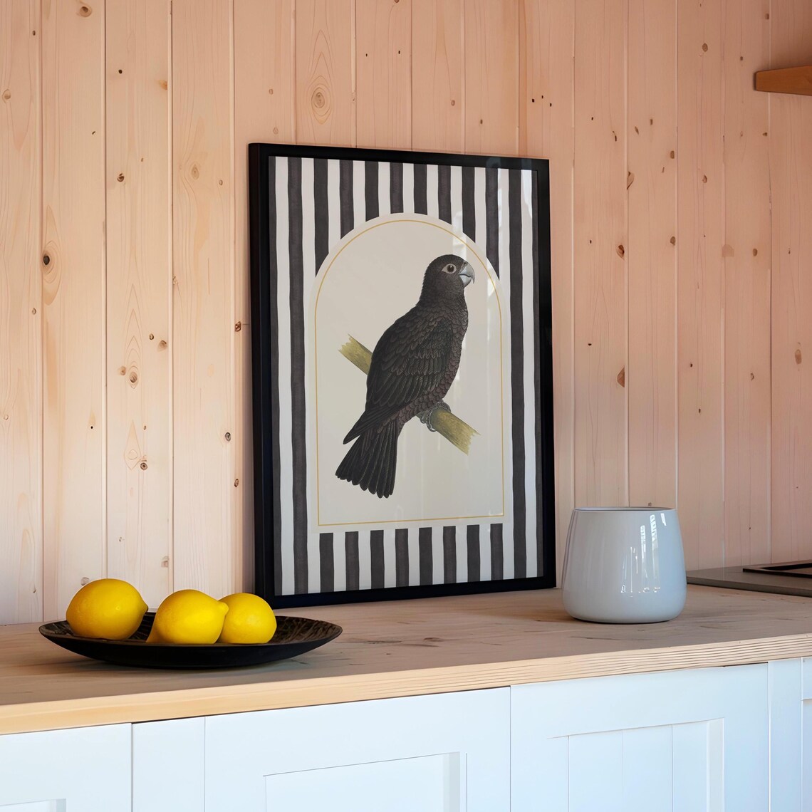 Vintage Dark Parrot on Black Stripes Bold Modern Bird Art Poster