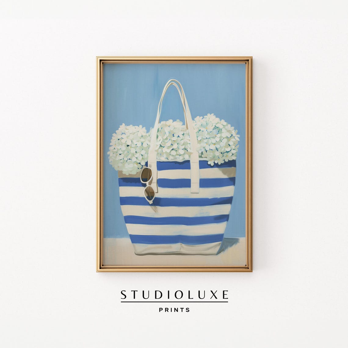 Striped Beach Tote with Hydrangeas Blue Coastal Watercolor Print